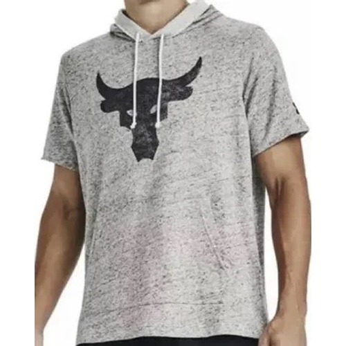 Under Armour Project Rock Short Sleeve Hoodie Men's Medium Grey Bull Logo